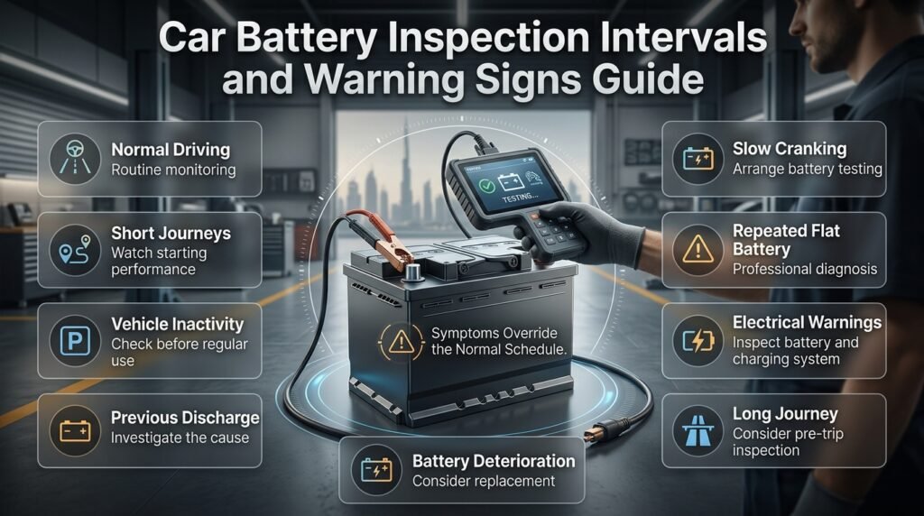 Car battery inspection guide showing service intervals, short trips, inactivity, slow cranking, discharge and professional testing