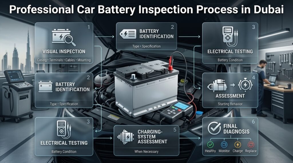 Professional car battery inspection showing visual checks, battery testing, starting system, charging system, and diagnosis.