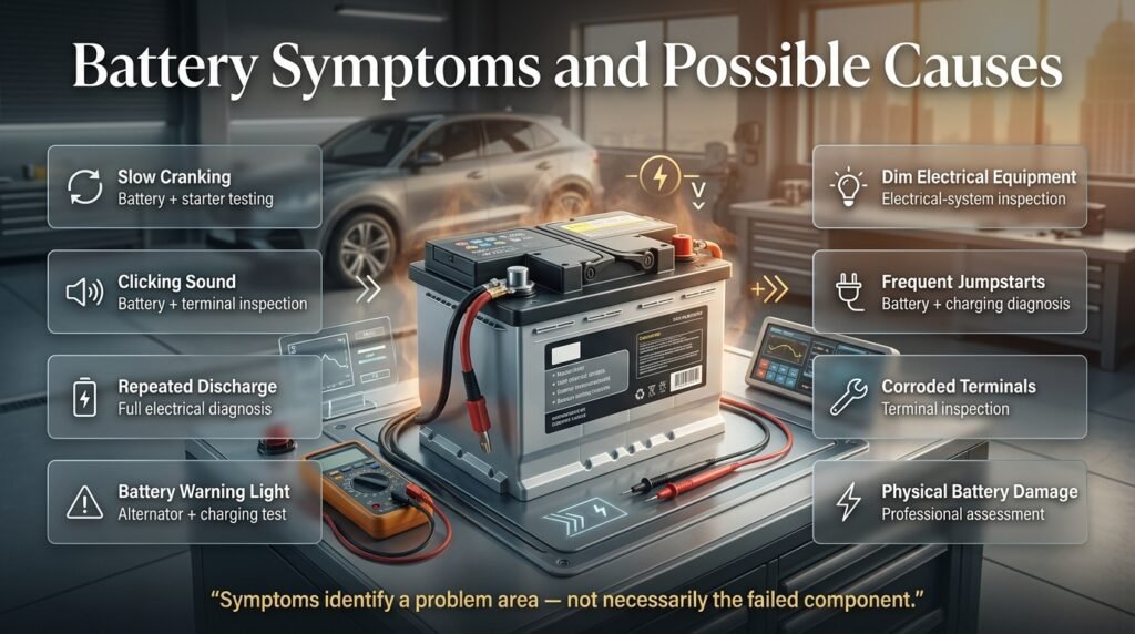 Car battery symptoms guide showing slow cranking, warning lights, corrosion, jumpstarts, and professional electrical diagnosis.