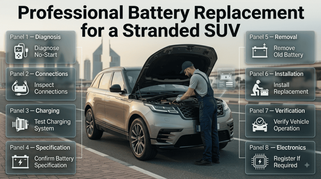 Professional battery replacement for a stranded SUV showing diagnosis, battery testing, installation, charging checks, and system adaptation.