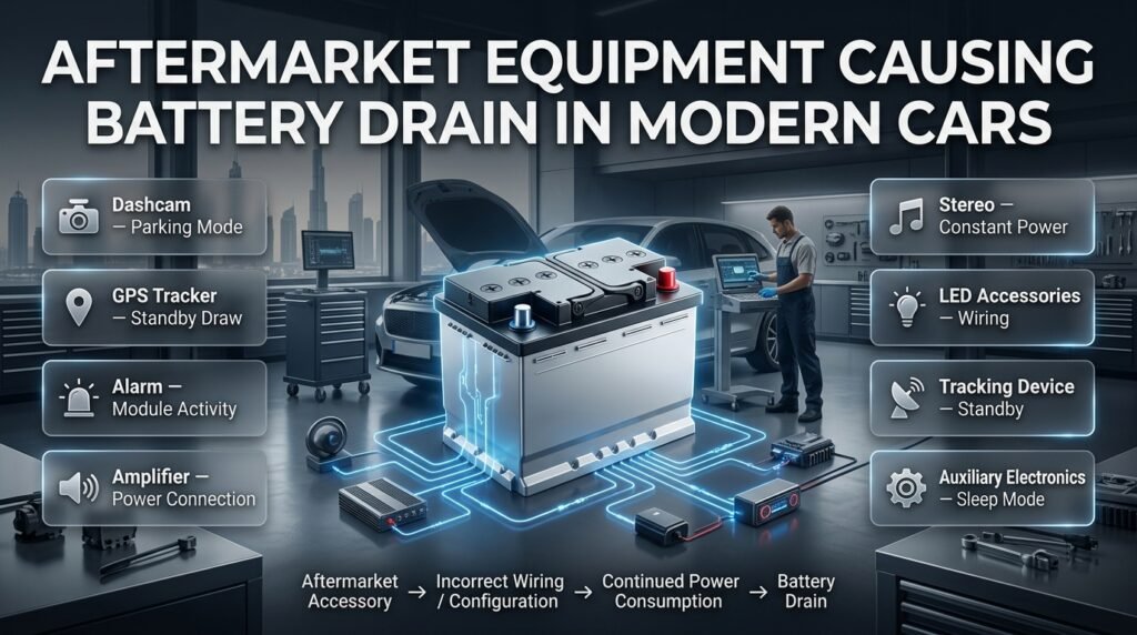 Aftermarket car accessories such as dashcams, GPS trackers, alarms and stereos causing potential parasitic battery drain while parked.