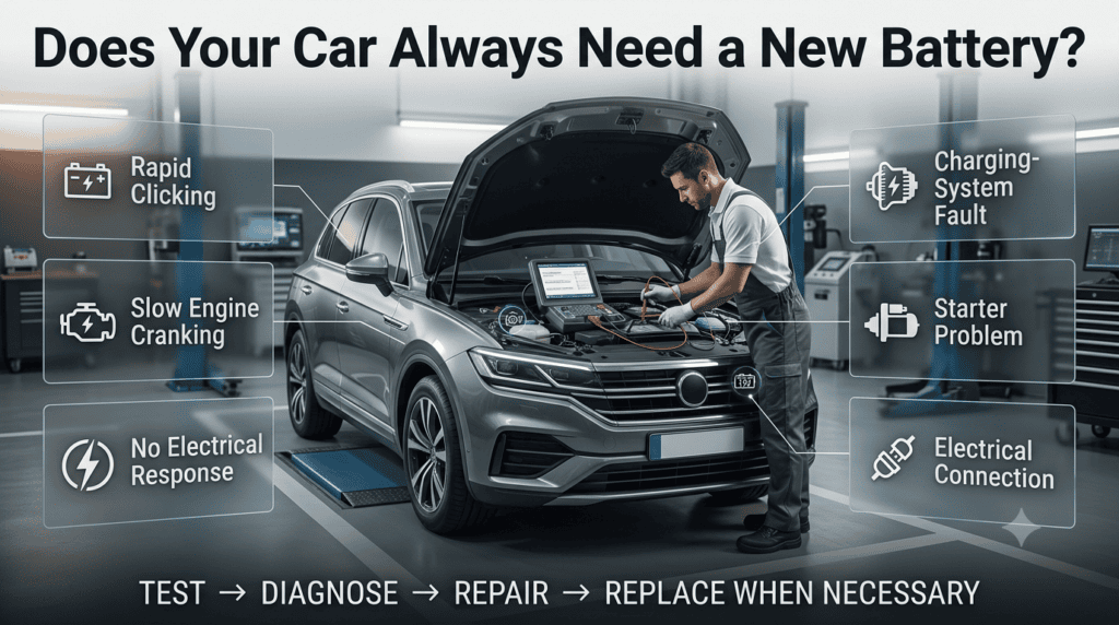 Car battery diagnosis showing common no-start symptoms, battery testing, and possible alternator or starter problems.