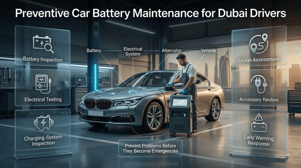 Preventive car battery maintenance in Dubai with battery inspection, electrical testing and charging-system checks.
