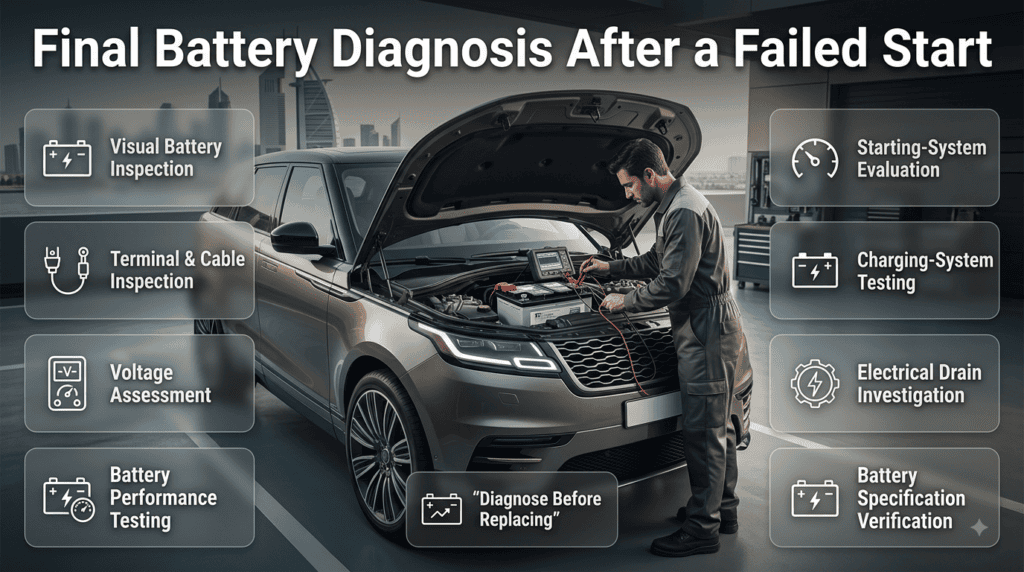 Final battery diagnosis after a failed start showing battery testing, terminal inspection, voltage assessment, and charging system checks.
