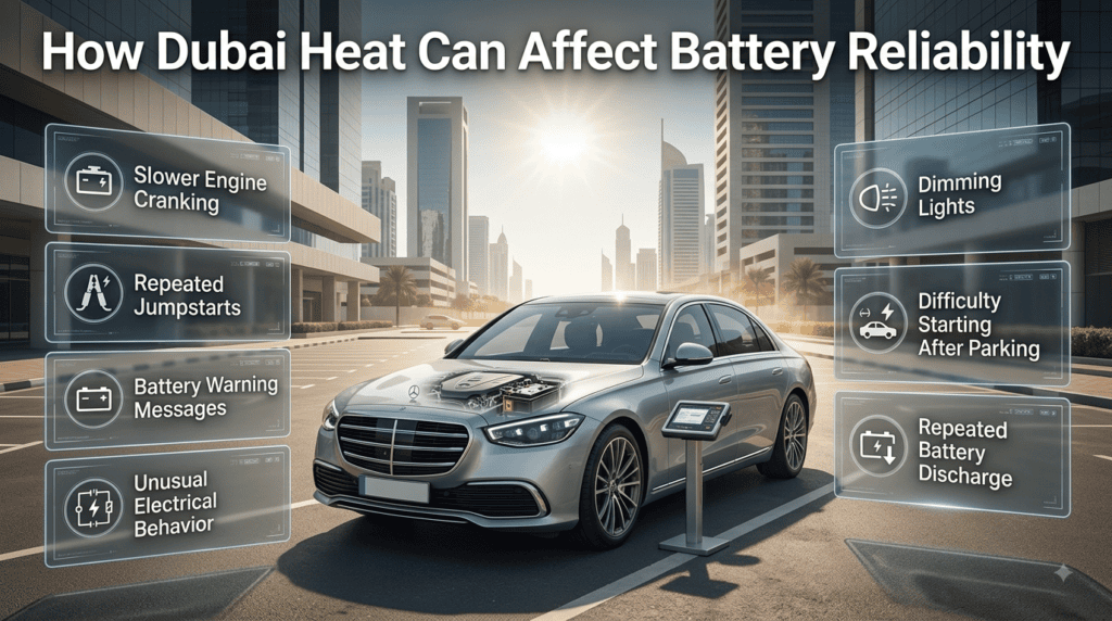 Dubai heat can reduce car battery reliability, causing slow cranking, dimming lights, warning messages, and repeated discharge.