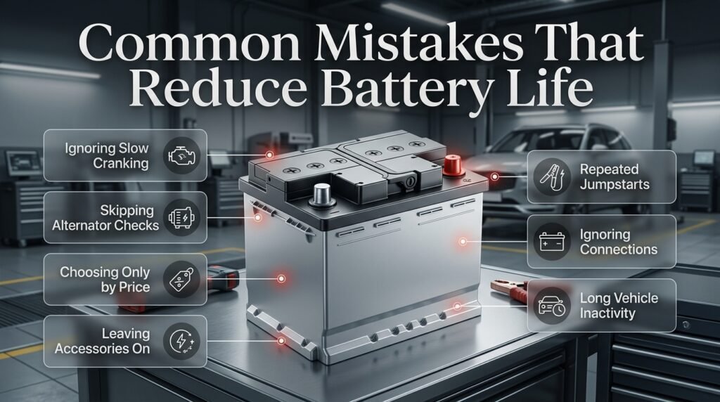 Common car battery mistakes including ignoring slow cranking, poor connections, electrical loads, repeated jumpstarts, and inactivity.