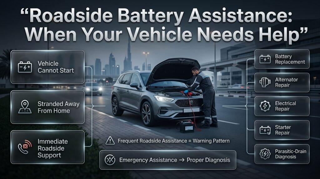 Roadside battery assistance infographic showing emergency support, battery replacement, alternator, starter, and electrical diagnosis.