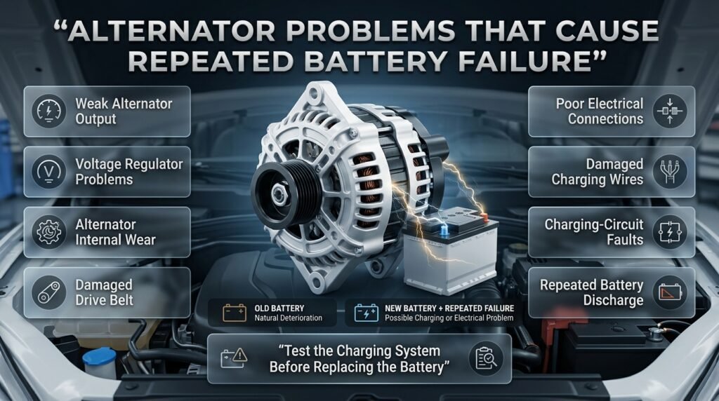 Alternator and charging-system problems that can repeatedly discharge a car battery, including weak output, wiring faults, and belt damage.