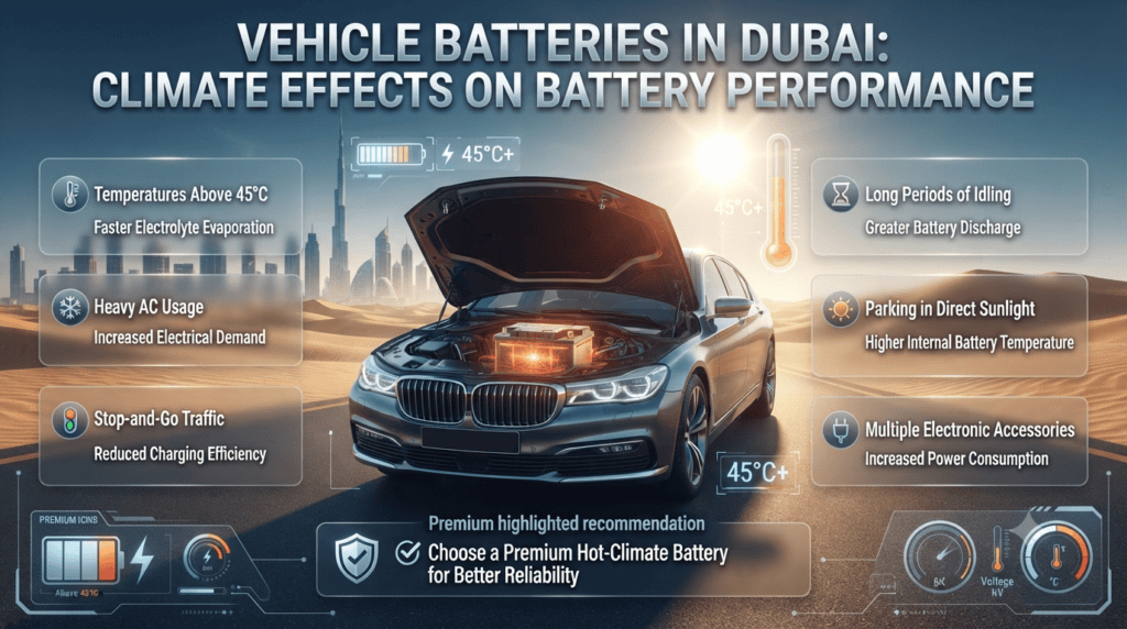 Infographic showing how Dubai's extreme heat, heavy air conditioning, traffic congestion, idling, and sunlight affect vehicle battery performance and lifespan.