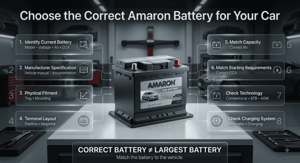 How to choose the correct Amaron battery using Ah, CCA, fitment, terminals and vehicle specifications