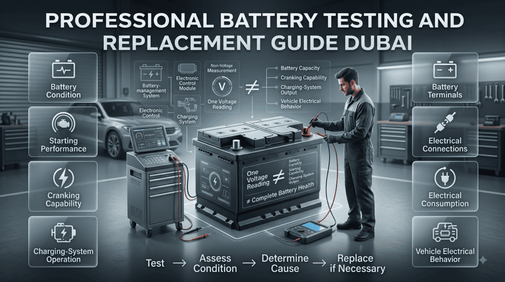 Professional battery testing checks battery condition, cranking performance, charging output, electrical connections, and replacement needs.