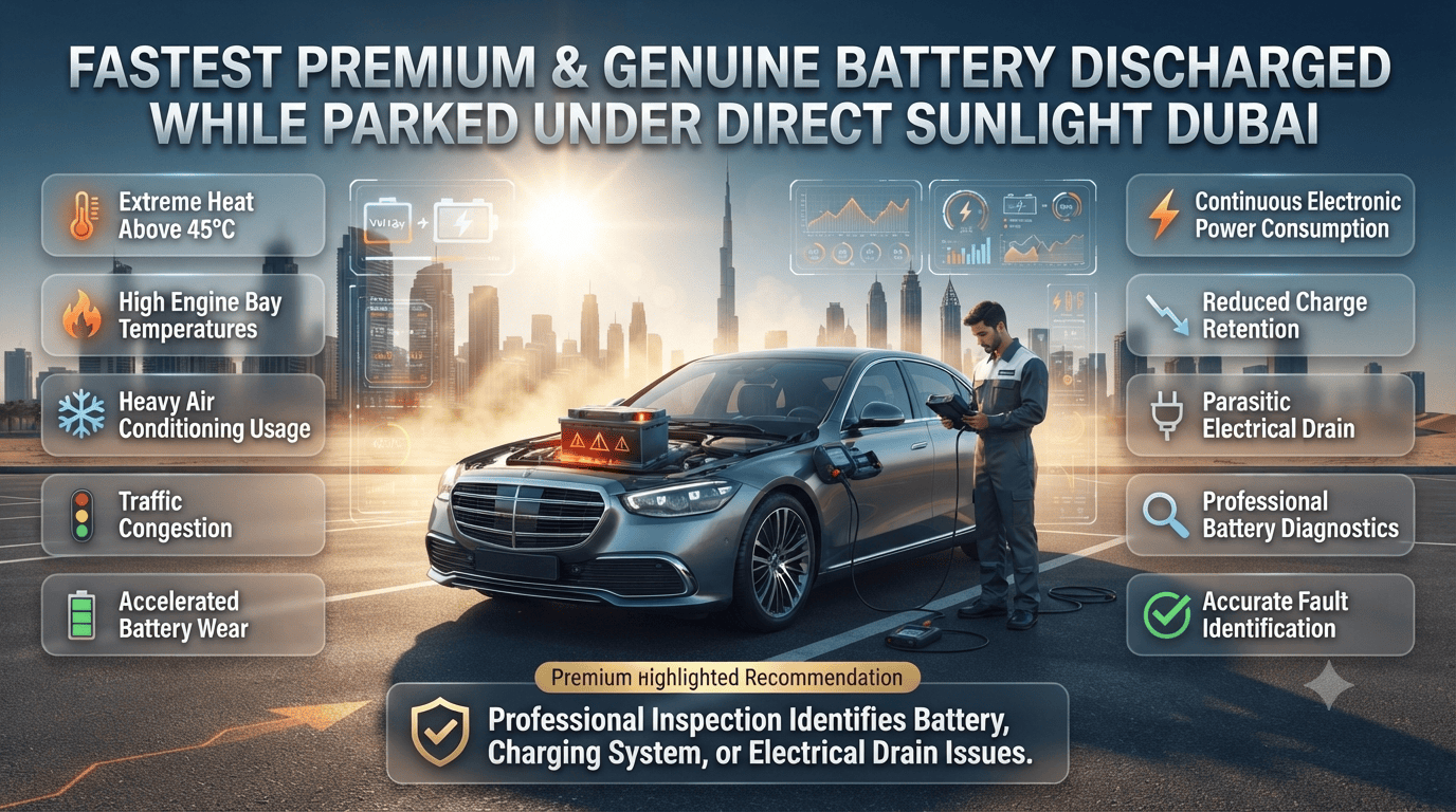 Vehicle parked under Dubai's intense sunlight with a discharged battery, highlighting extreme heat, battery deterioration, charging system diagnostics, and professional inspection.