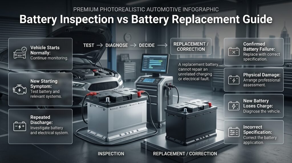 Battery inspection versus replacement infographic showing testing, repeated discharge, battery failure, and correct replacement decisions.