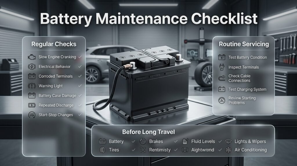 Car battery maintenance checklist showing warning signs, terminal inspection, charging checks, and pre-travel vehicle checks