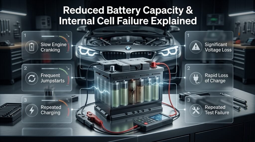 Automotive battery infographic showing reduced capacity, slow cranking, repeated charging, voltage loss, and internal cell failure symptoms.
