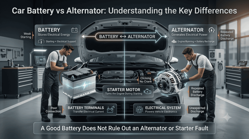 Car battery vs alternator explained with their roles in starting, charging, electrical power, and common vehicle problems.