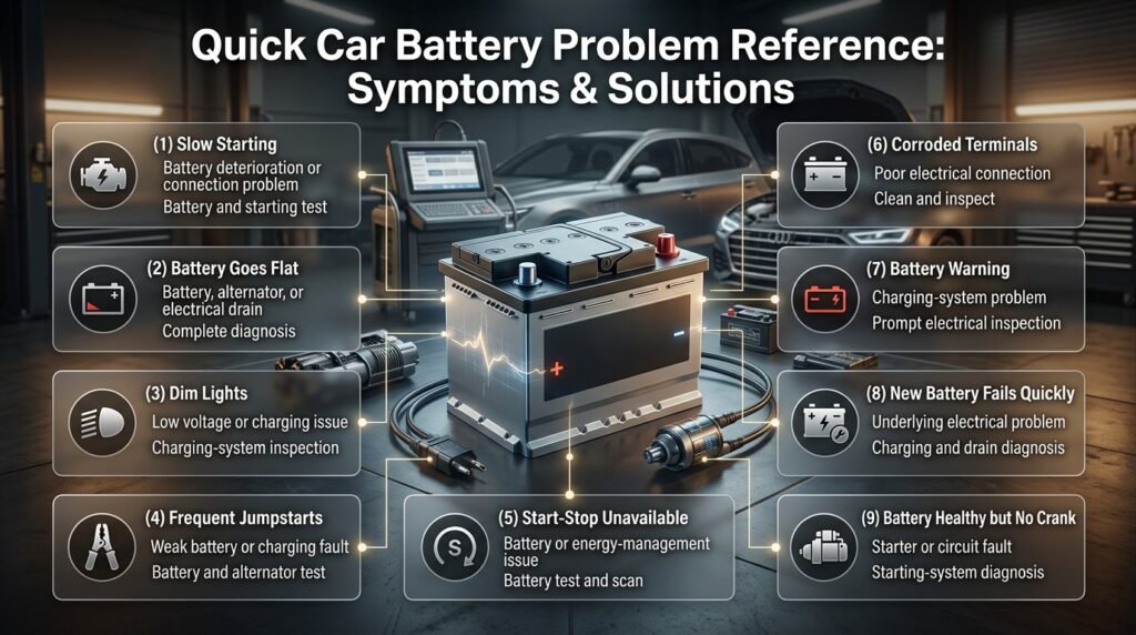 Car battery problem reference showing slow starting, dim lights, jumpstarts, warning lights, corrosion and diagnostic solutions