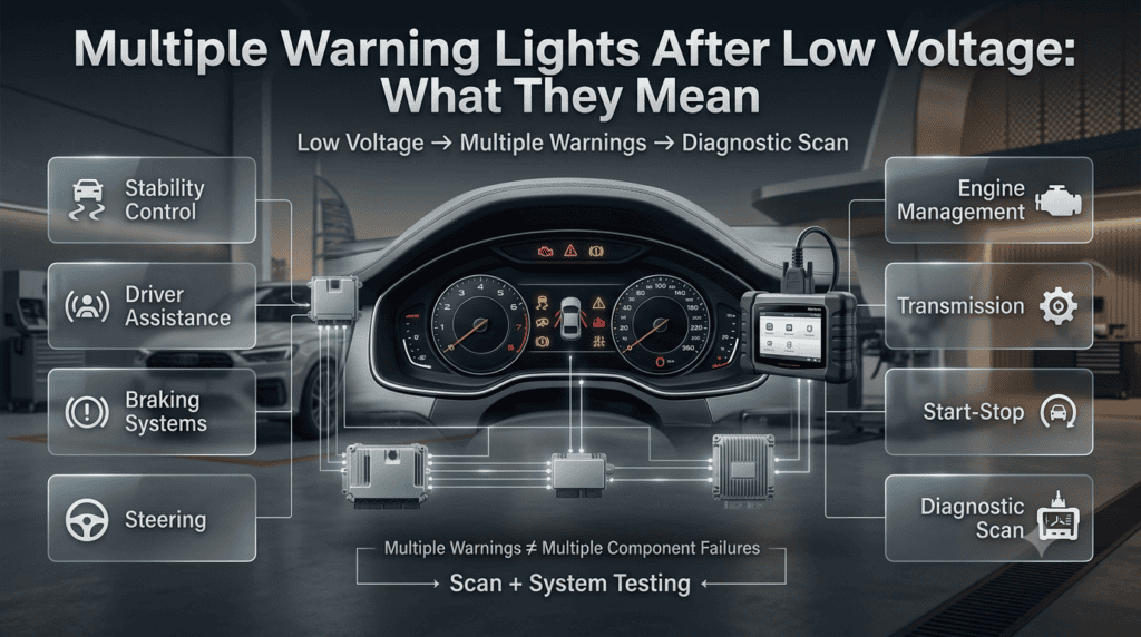 Multiple dashboard warning lights after low voltage may affect stability, braking, steering, engine, transmission, and driver assistance systems.