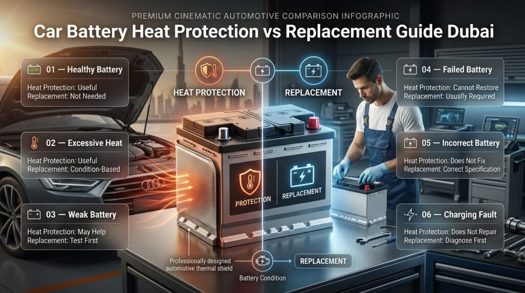 Car battery heat protection versus replacement comparison showing when thermal protection helps and when a new battery is required.