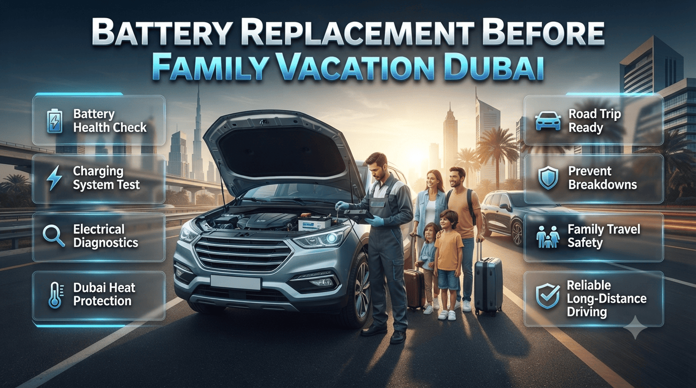 Professional technician replacing a car battery before a family vacation in Dubai, highlighting preventive maintenance, travel safety, reliable roadside readiness, and extreme UAE summer conditions. Battery Replacement Before Family Vacation Dubai | Travel Safety Guide