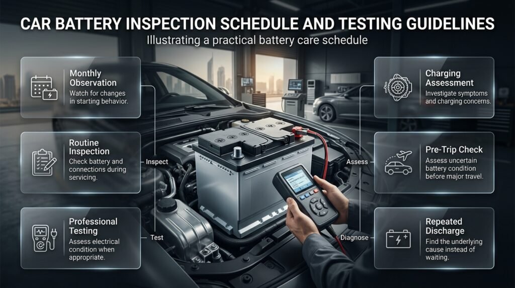 Car battery inspection schedule showing monthly checks, professional testing, charging assessment, and pre-trip battery inspection.