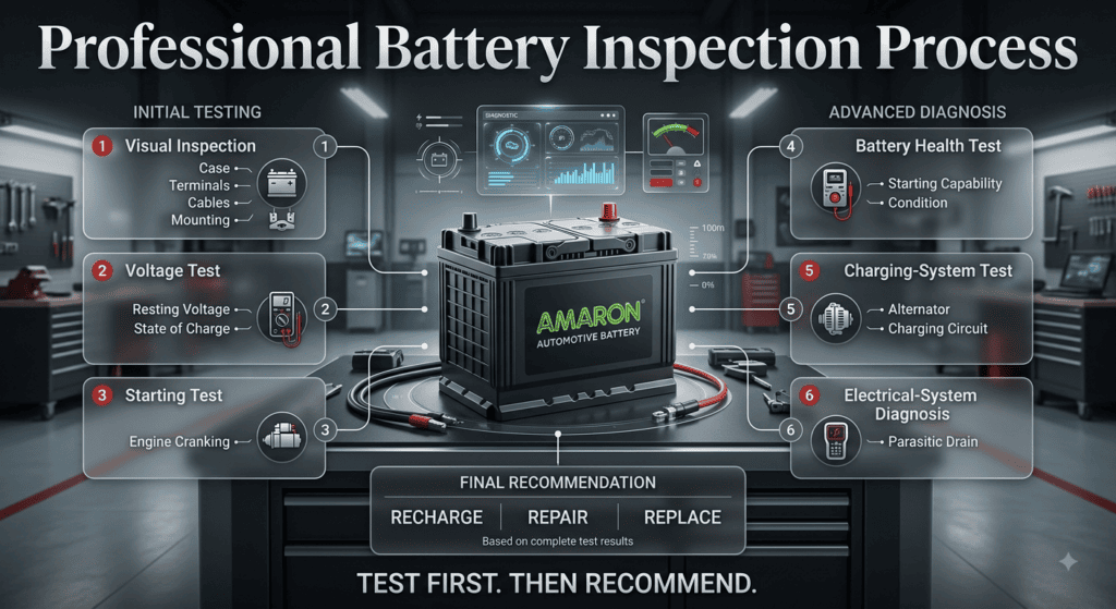 Professional Amaron battery inspection showing visual, voltage, starting, health and charging-system tests