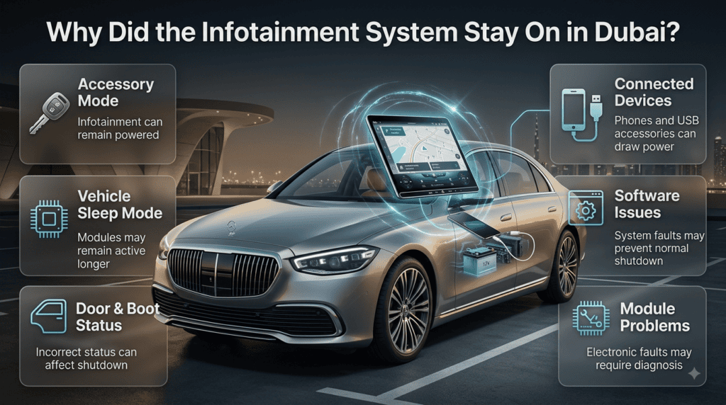 Infotainment system staying on after a car is switched off, showing accessory mode, connected devices, and electronic module issues.