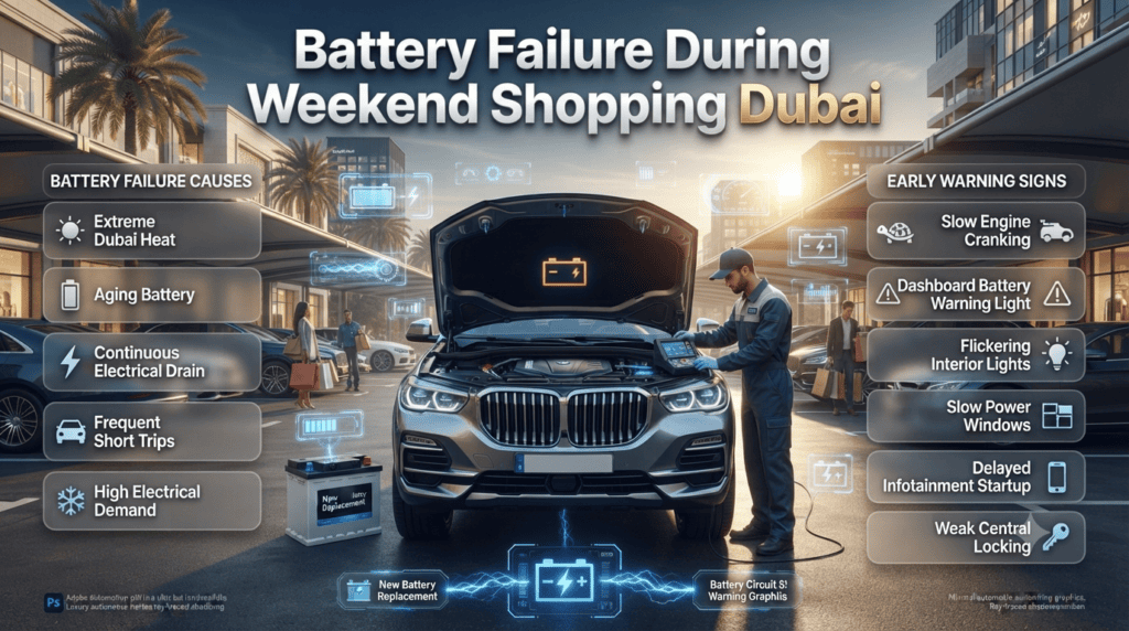 Professional infographic showing the common causes and warning signs of battery failure during weekend shopping in Dubai with a modern vehicle and battery diagnostics.
