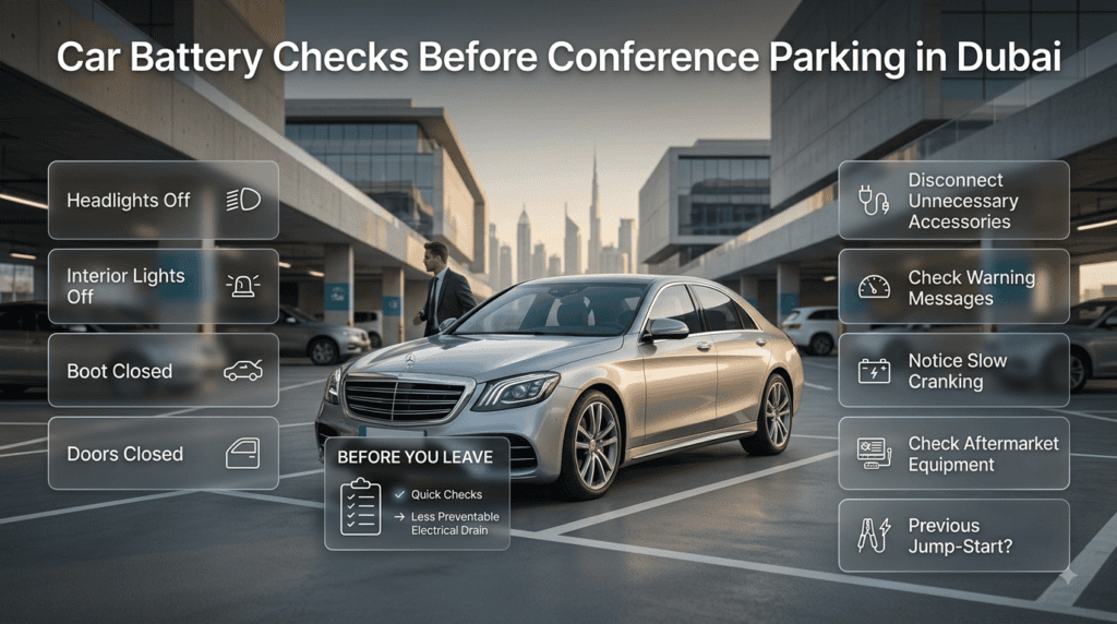 Essential car battery checks before leaving a vehicle parked at a Dubai conference, including lights, doors and accessories.