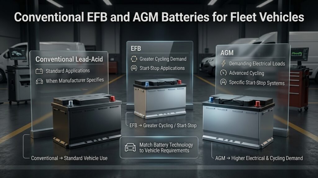 Comparison of conventional, EFB, and AGM batteries for commercial fleet vehicle electrical and cycling requirements.