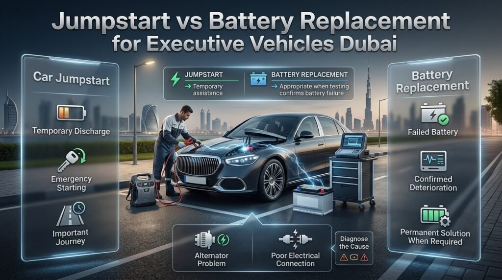 Jumpstart versus battery replacement for executive vehicles in Dubai, showing temporary starting assistance and professional battery diagnosis.