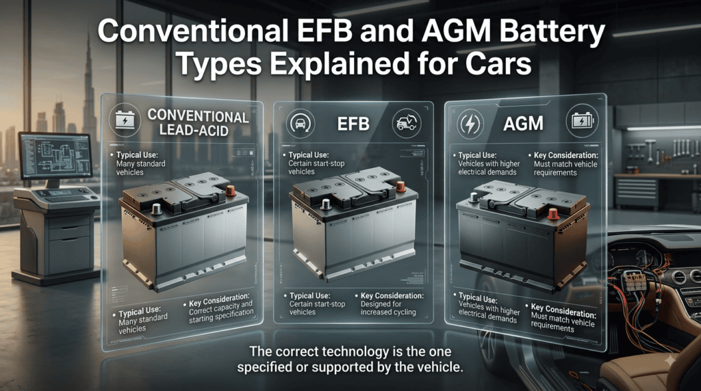 Comparison of conventional, EFB, and AGM car battery technologies for different vehicle electrical and start-stop requirements.