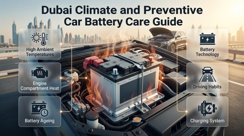 Dubai heat affecting car battery condition, showing thermal stress, battery ageing, and preventive automotive maintenance.