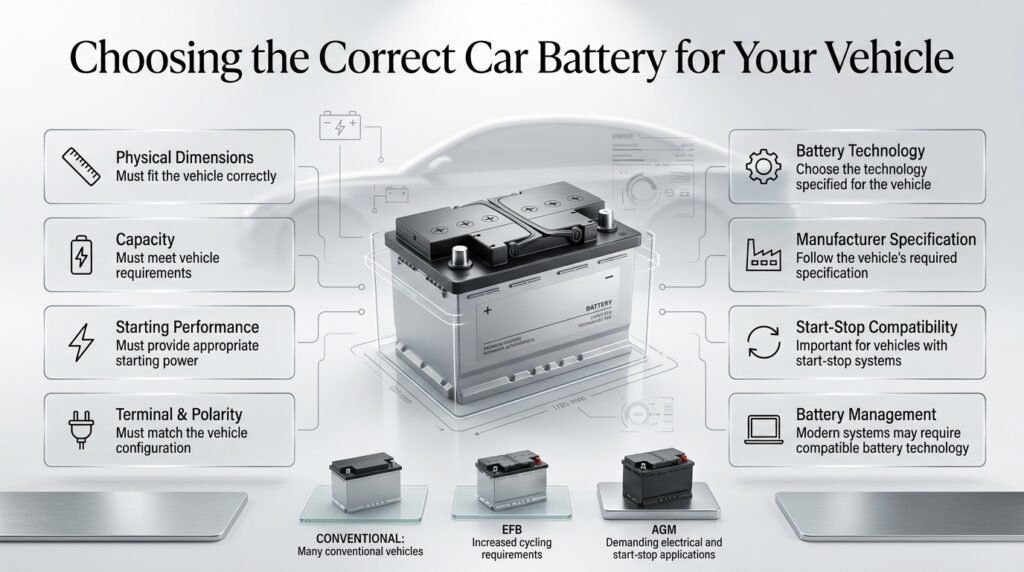 Choosing the correct car battery based on size, capacity, technology, terminals, polarity and vehicle specifications