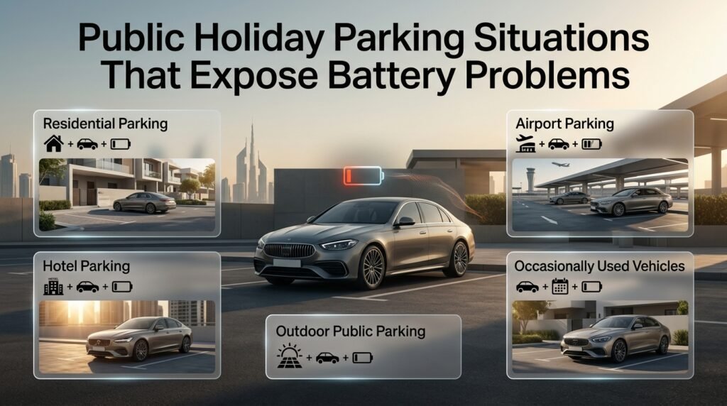 Dubai holiday parking situations that can expose car battery problems, including residential, hotel, airport, outdoor, and infrequent use.