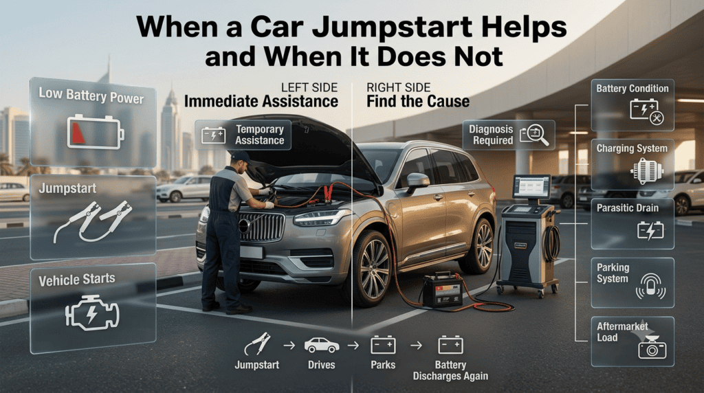 Car jumpstart infographic showing temporary battery assistance versus underlying battery, charging and parasitic drain problems.