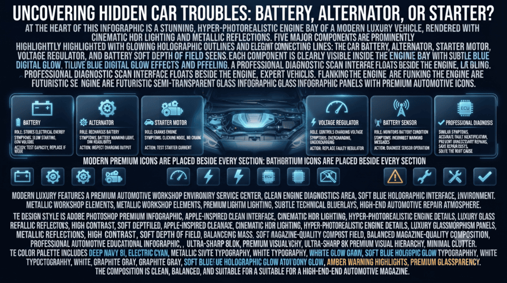 Professional automotive infographic comparing the battery, alternator, starter motor, voltage regulator, and battery sensor with roles, symptoms, and repair solutions.