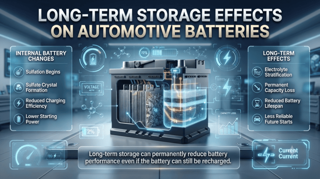 Premium infographic showing the internal effects of long-term vehicle battery storage, including sulfation, electrolyte stratification, and permanent capacity loss in Dubai.