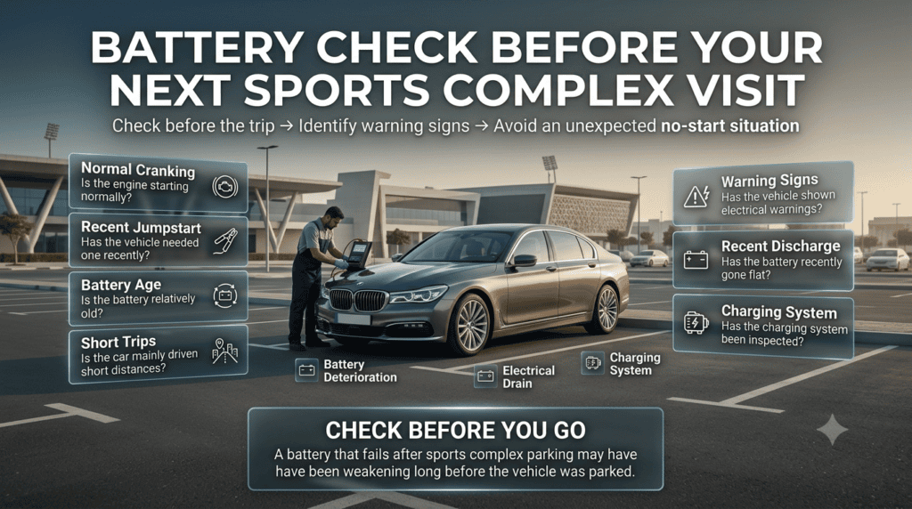 Car battery checklist before visiting a Dubai sports complex, covering starting, jumpstart, battery age, short trips, and charging.