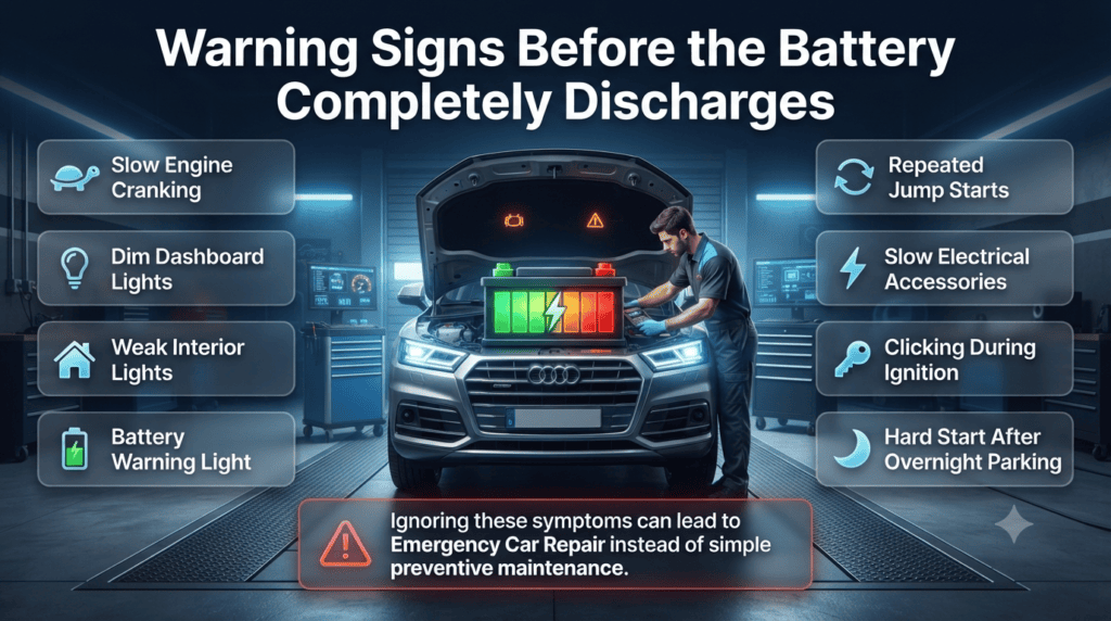 Infographic showing early symptoms of a weak car battery before complete discharge, including slow engine cranking, dim dashboard lights, repeated jump starts, and battery warning indicators.