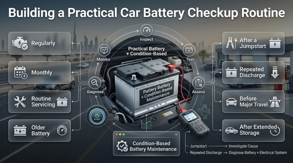 Car battery checkup routine showing monthly monitoring, servicing, jumpstarts, storage, travel, and professional testing.