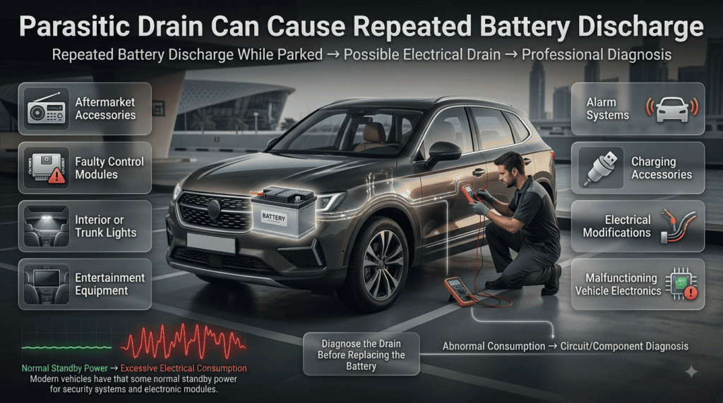 Parasitic battery drain explained with a parked vehicle, excessive electrical consumption, faulty modules, lights, and accessories.