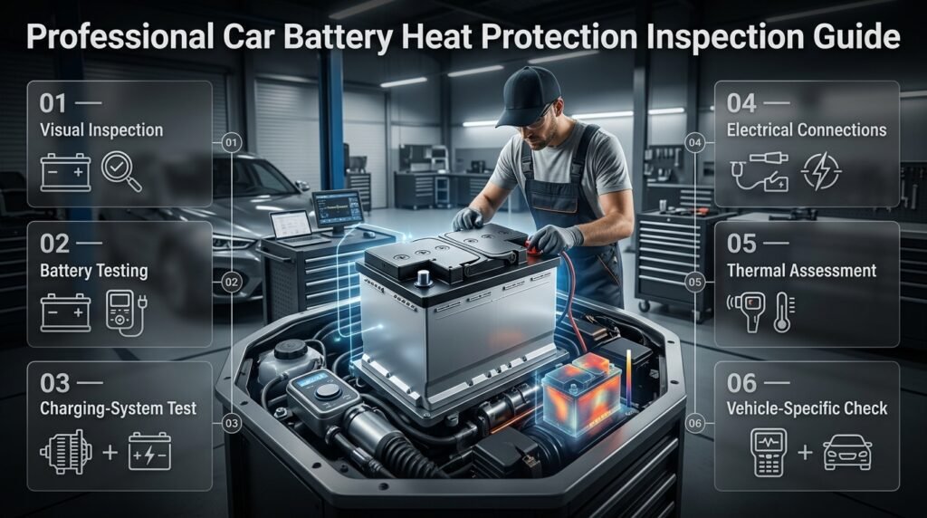 Professional car battery heat protection inspection showing battery testing, charging checks, electrical connections, thermal assessment, and diagnostics.