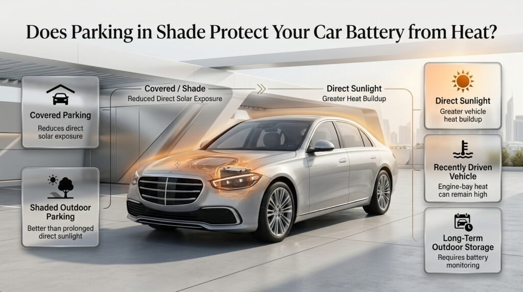 Car battery heat protection showing covered parking, shade, direct sunlight, engine-bay heat, and long-term vehicle storage