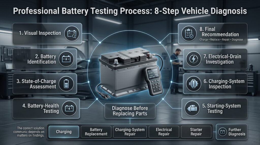 Professional battery testing process showing visual inspection, battery health, starting, charging, electrical drain, and diagnosis.