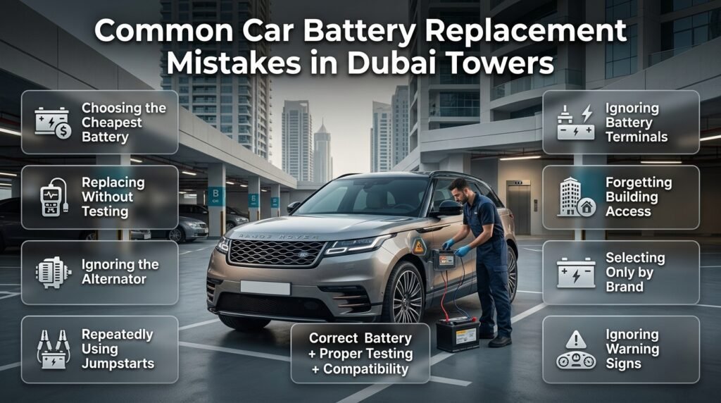 Common residential tower battery replacement mistakes including wrong battery choice, skipped testing, alternator faults, and access issues.