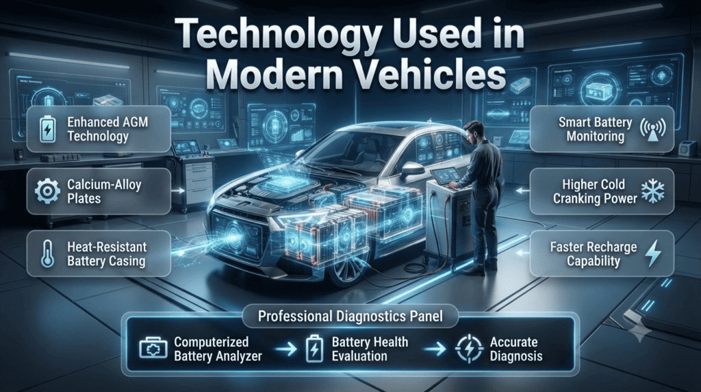 Premium infographic showing modern car battery technology, AGM batteries, smart battery monitoring, computerized diagnostics, heat-resistant materials, and fast charging features.