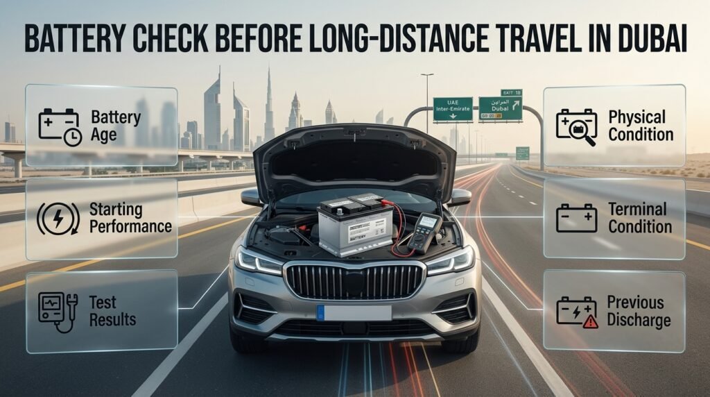 Car battery inspection before long-distance travel from Dubai, checking battery age, terminals, condition, and starting performance.