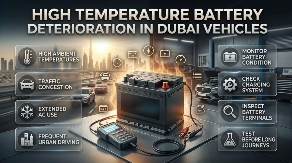 Car battery deterioration infographic showing high temperature, Dubai traffic, AC use, battery testing, and preventive maintenance.