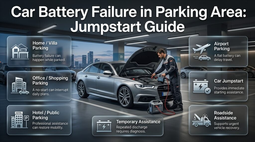 Car battery failure in a parking area with jumpstart assistance and roadside support for a vehicle that will not start.